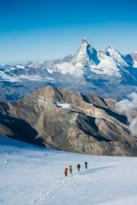 Climbers group in climb to the Alphube, Glacier, Matterhorn, Valais, Switzerland Climbers group in climb to the Alphube, Glacier, Matterhorn, Valais, Switzerland